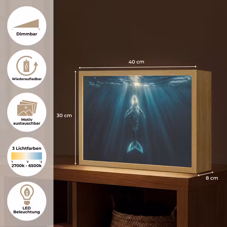 Walvis - Water - Zonnestralen - Blauw Light Box met batterij (Wandlamp) middel -USP_websiteoverzichtDE