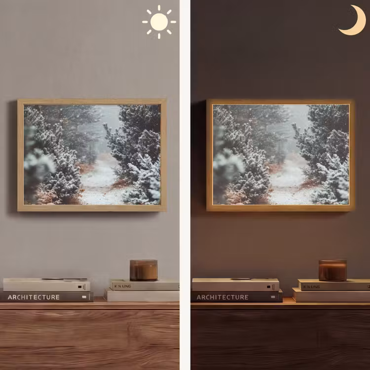 Bos - Winter - Bomen - Natuur - Pad - Sneeuw Light Box met batterij (Wandlamp) middel -sfeer3