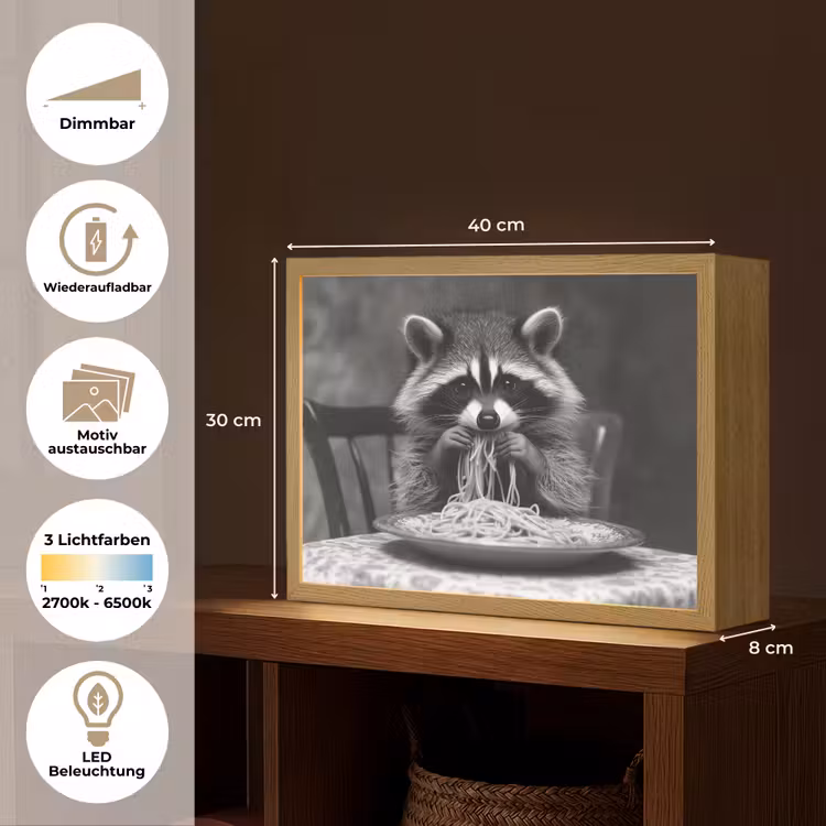 Wasbeer - Cute - Pasta - Tafelkleed - Zwart - Wit Light Box met batterij (Wandlamp) middel -USP_websiteoverzichtDE