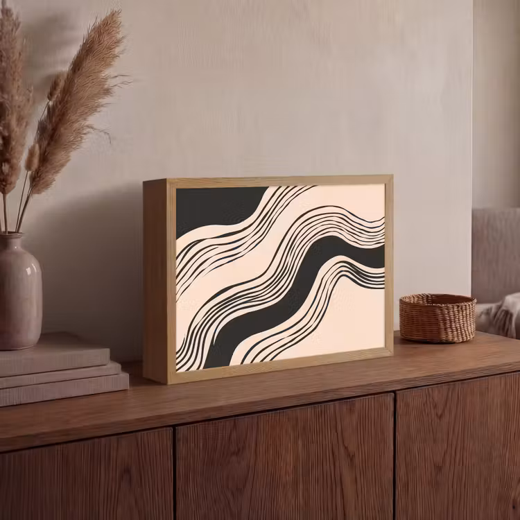Golven - Zwart - Zandkleur Light Box met batterij (Wandlamp) middel -sfeer2