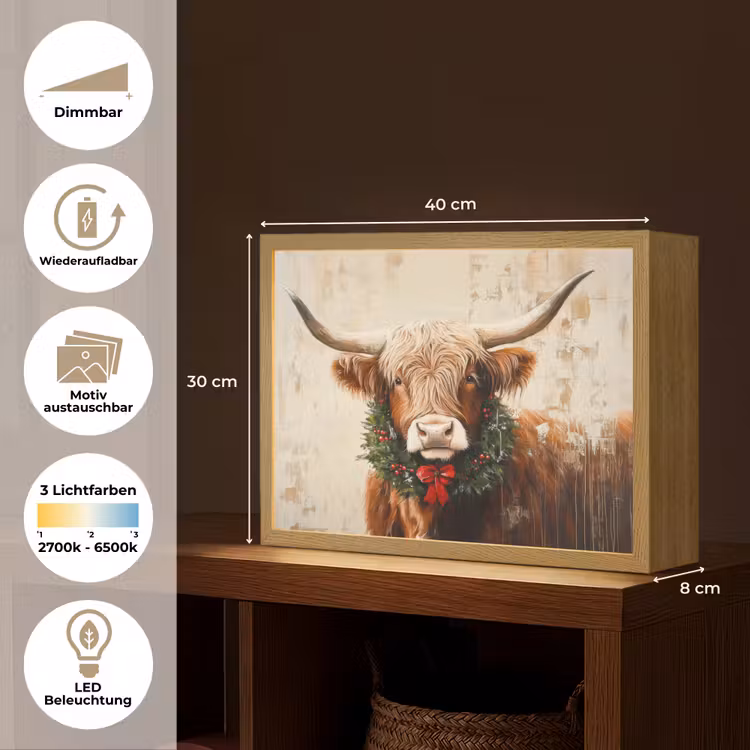Kerst - Schotse Hooglander - Bruin - Krans Light Box met batterij (Wandlamp) middel -USP_websiteoverzichtDE