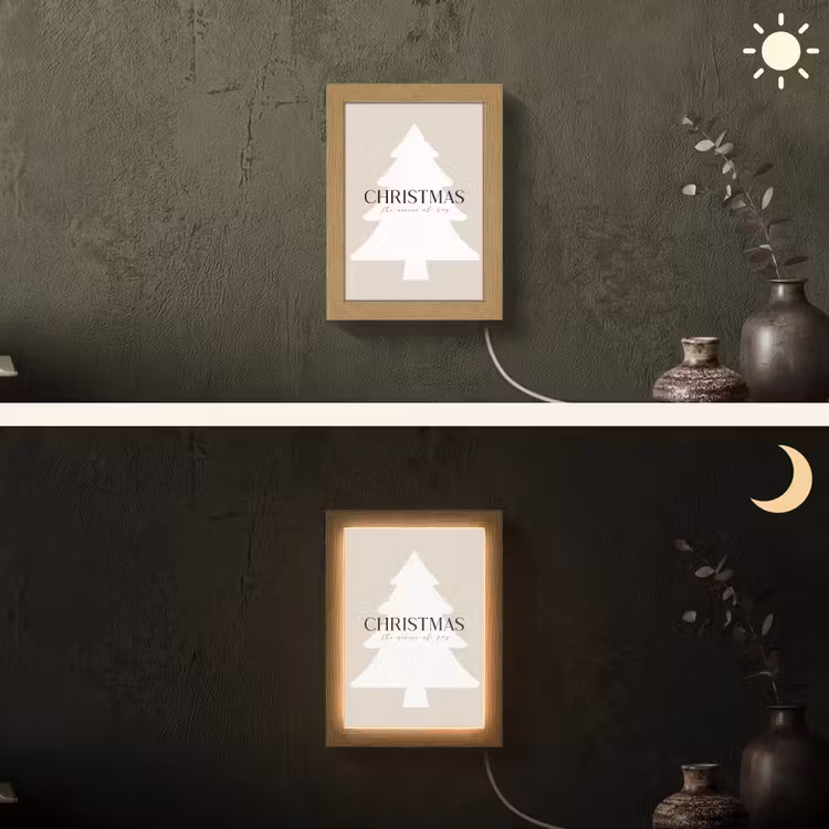 Kerstboom - Japandi - Christmas - Beige Light Box met kabel (Wandlamp) klein -sfeer3