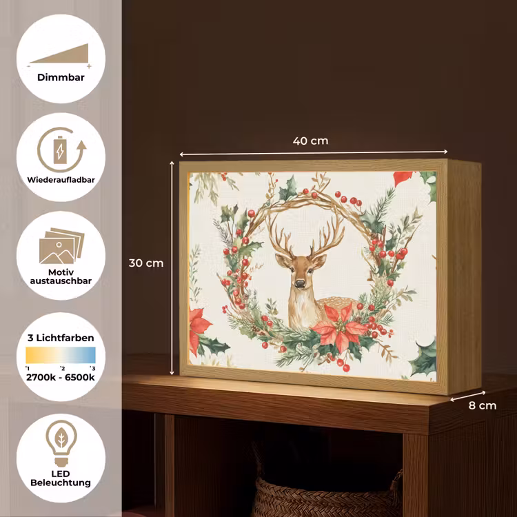 Kerstkrans - Hert - Hulst - Rood Light Box met batterij (Wandlamp) middel -USP_websiteoverzichtDE