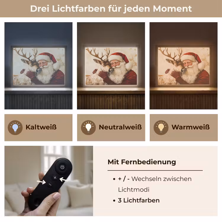 Kerstman - Rendier - Kerst - Christmas Light Box met batterij (Wandlamp) middel -USP_lichtkleurDE