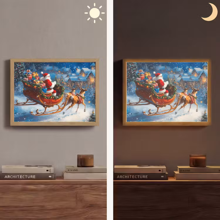 Kerstman - Rendier - Kerst - Sneeuw Light Box met batterij (Wandlamp) middel -sfeer3