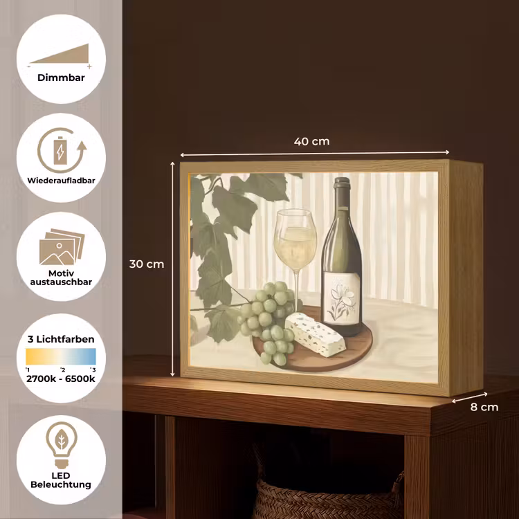 Wijn - Druiven - Kaas - Bladeren Light Box met batterij (Wandlamp) middel -USP_websiteoverzichtDE