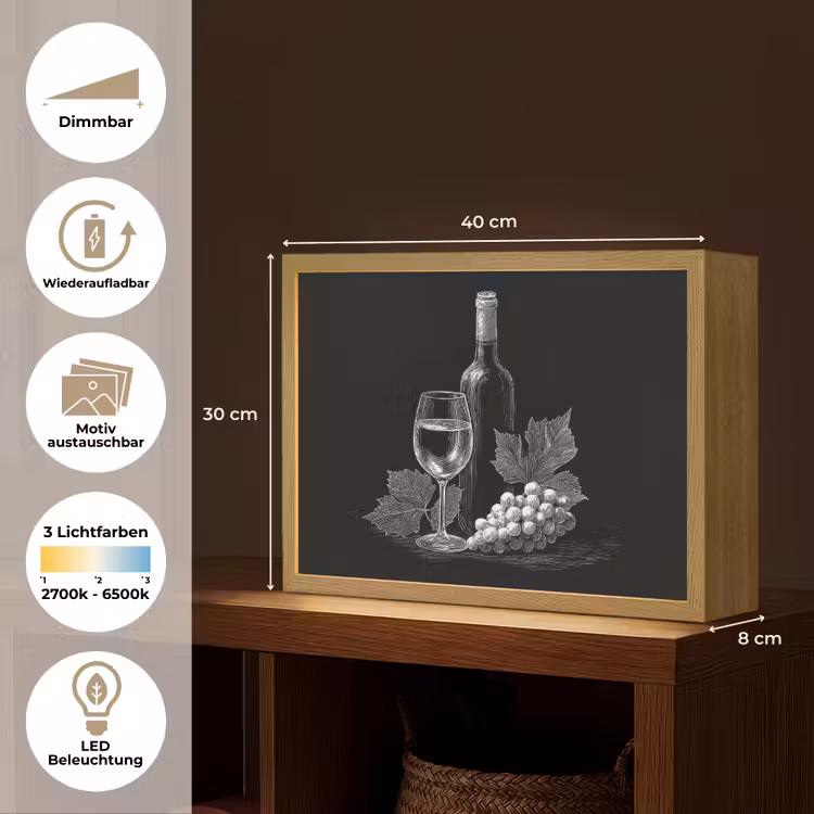 Wijnfles - Glas - Druiven - Bladeren Light Box met batterij (Wandlamp) middel -USP_websiteoverzichtDE