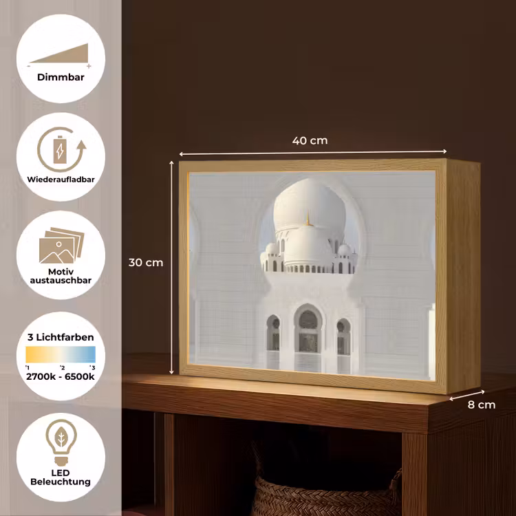 Witte koepel - Gouden Details - Moskee Light Box met batterij (Wandlamp) middel -USP_websiteoverzichtDE
