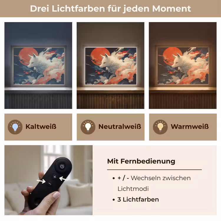 Witte vos - wolken - maan Light Box met batterij (Wandlamp) middel -USP_lichtkleurDE
