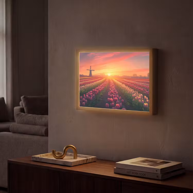 Windmolen - Zonsondergang - Landschap Light Box met batterij (Wandlamp) middel -sfeer1