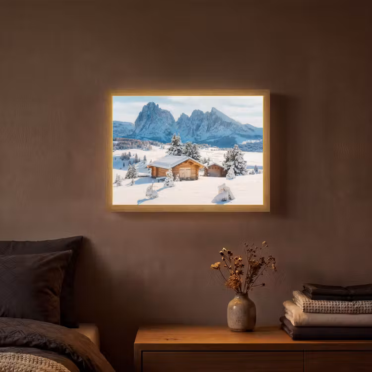 Winter - Huisje - Bergen - Uitzicht - Sneeuw Light Box met batterij (Wandlamp) middel -sfeer4