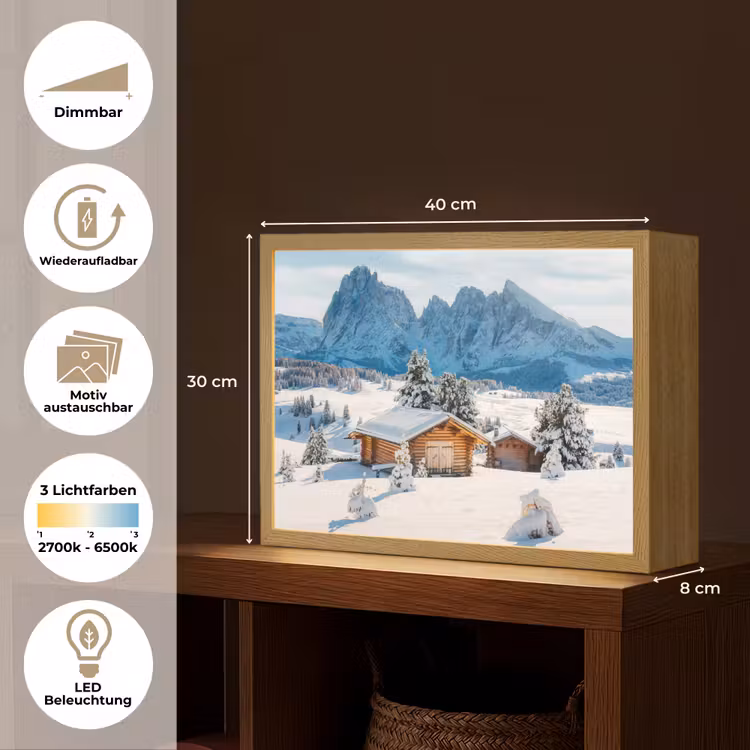Winter - Huisje - Bergen - Uitzicht - Sneeuw Light Box met batterij (Wandlamp) middel -USP_websiteoverzichtDE