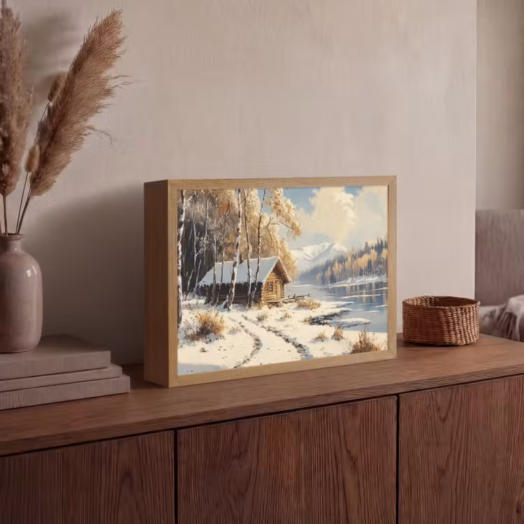 Winter - Sneeuw - Huis - Natuur Light Box met batterij (Wandlamp) middel -sfeer2