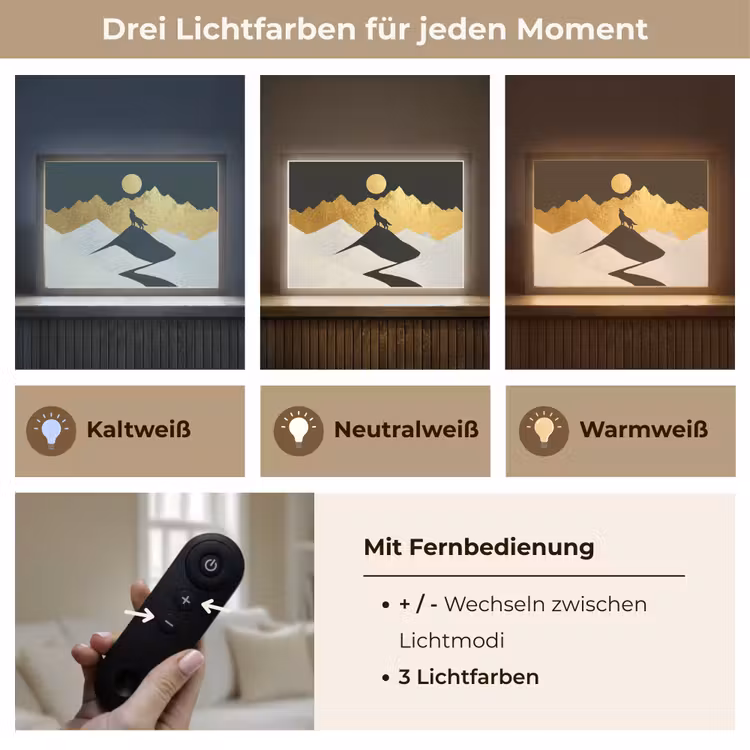 Wolf - Bergen - Maan - Zwart Light Box met batterij (Wandlamp) middel -USP_lichtkleurDE