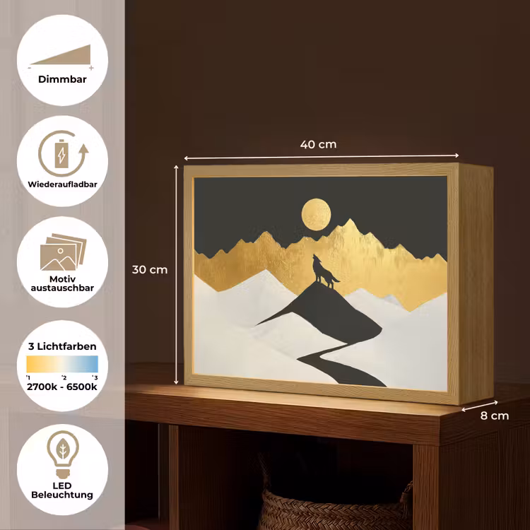 Wolf - Bergen - Maan - Zwart Light Box met batterij (Wandlamp) middel -USP_websiteoverzichtDE
