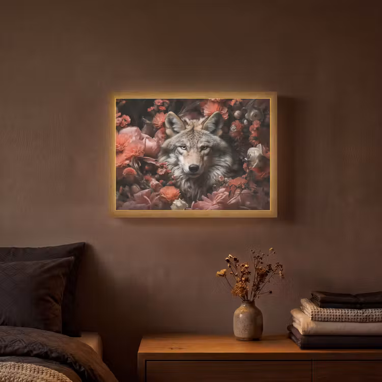 Wolf - Dier - Bloemen - Botanisch - Natuur - Fantasie Light Box met batterij (Wandlamp) middel -sfeer4