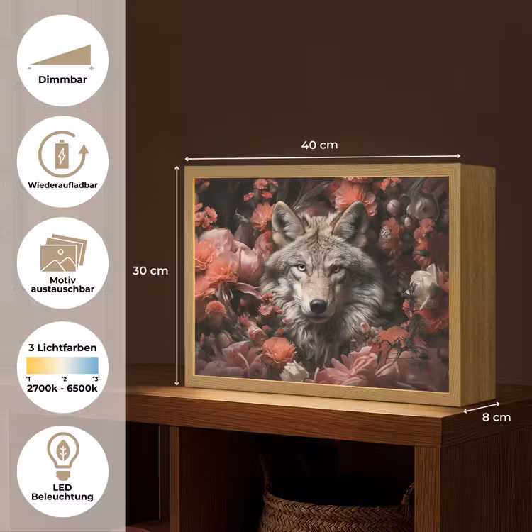 Wolf - Dier - Bloemen - Botanisch - Natuur - Fantasie Light Box met batterij (Wandlamp) middel -USP_websiteoverzichtDE