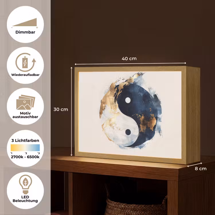 Yin Yang - Abstract - Zwart - Wit - Goud Light Box met batterij (Wandlamp) middel -USP_websiteoverzichtDE