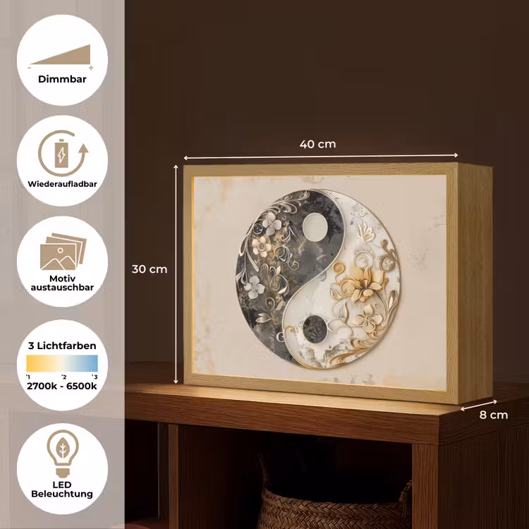 Yin Yang - Bloemen - Zwart - Wit - Vintage Light Box met batterij (Wandlamp) middel -USP_websiteoverzichtDE