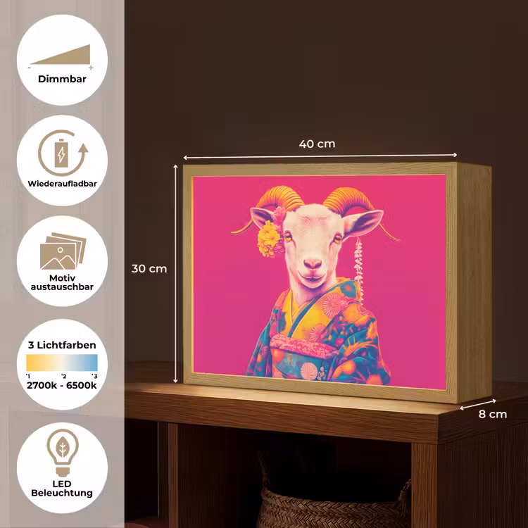Geit - Hoorns - Kimono - Kleurrijk Light Box met batterij (Wandlamp) middel -USP_websiteoverzichtDE