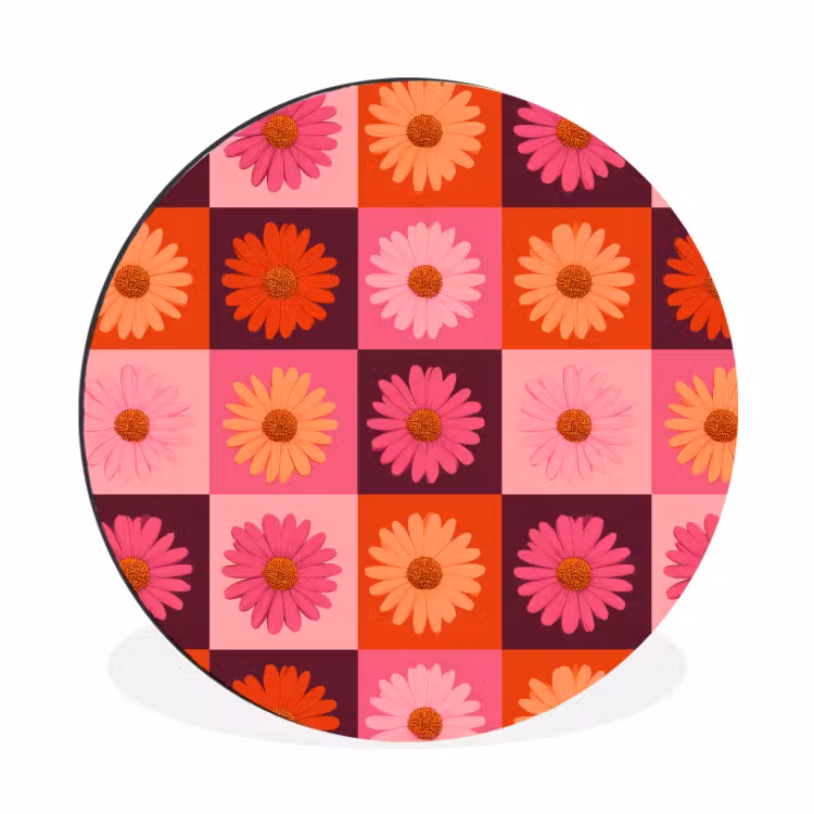 Madeliefjes - Dambord - Retro - Roze - Oranje Wandcirkel aluminium klein 190 -3d
