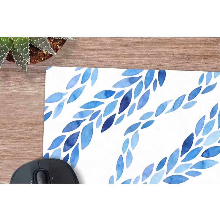 Bladeren - Aquarel - Patroon - Modern - Blauw muismat rubber klein -closeup