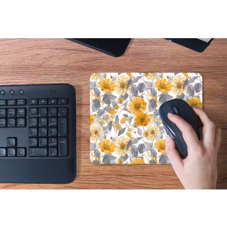 Bloemen - Botanisch - Elegant - Okergeel - Grijs muismat rubber klein 262 -toetsenbord
