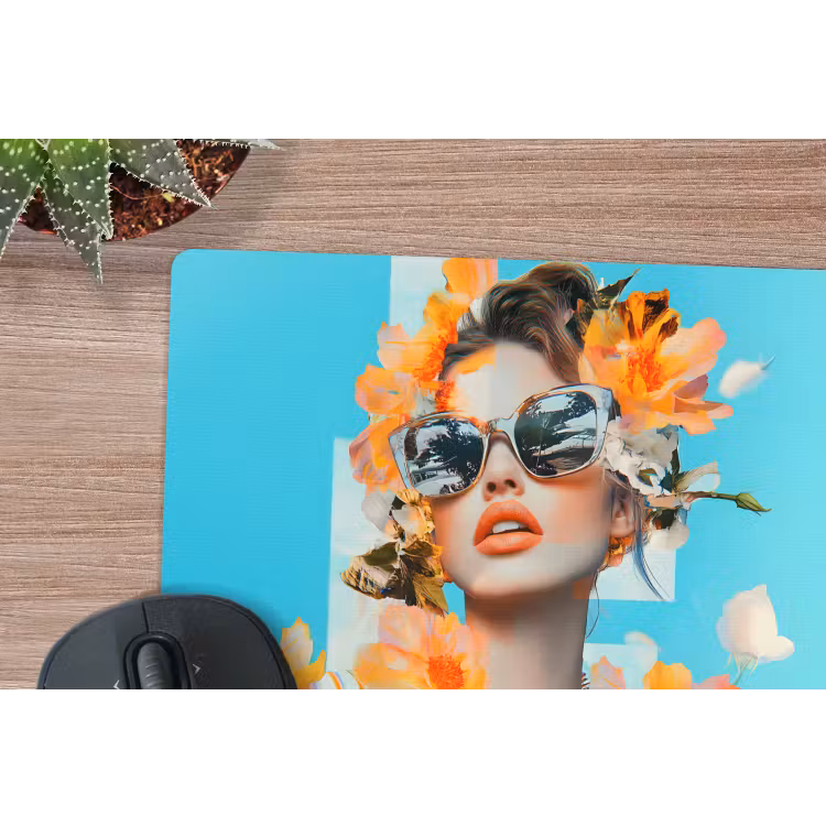 Bloemen - Vrouw - Zonnebril - Blauw muismat rubber klein -closeup