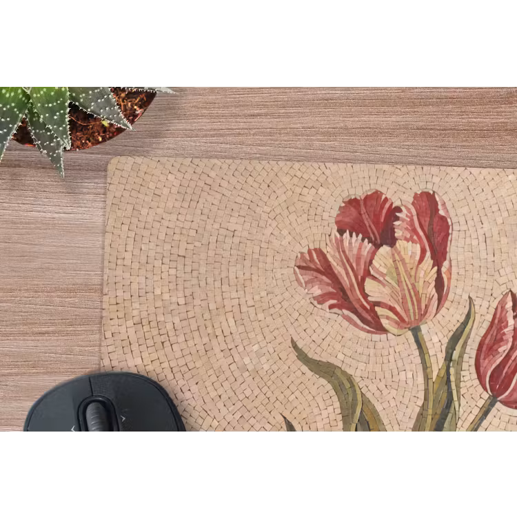 Bloemen - Mozaïek - Rood - Groen - Kunst muismat rubber klein -closeup