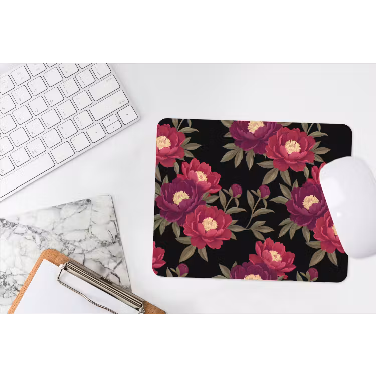 Bloemen - Patroon - Botanisch - Rood - Zwart muismat rubber klein -witbureau
