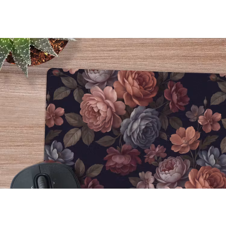 Bloemen - Patroon - Vintage - Donker - Roze muismat rubber klein -closeup