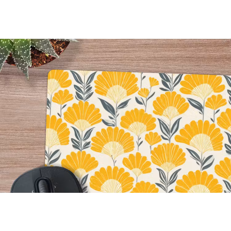 Bloemen - Retro - Botanisch - Okergeel - Grijs muismat rubber klein 262 -closeup
