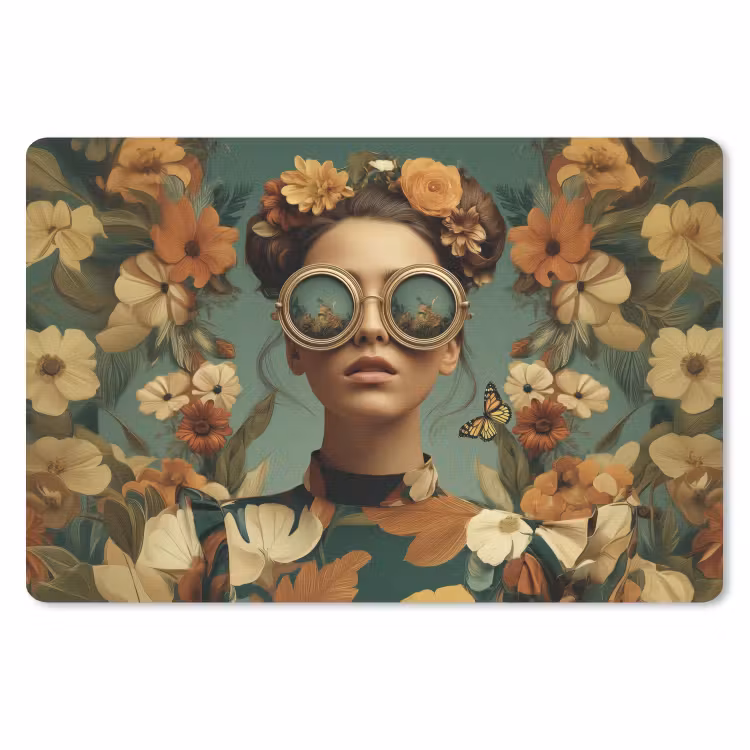 Bloemenkrans - Vrouwengezicht - Zonnebril - Oranje muismat rubber klein -3d