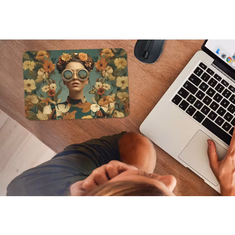 Bloemenkrans - Vrouwengezicht - Zonnebril - Oranje muismat rubber klein -laptop