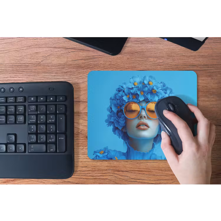 Vrouw - Bloem - Blauw - Modern - Bril - Portret muismat rubber klein -toetsenbord