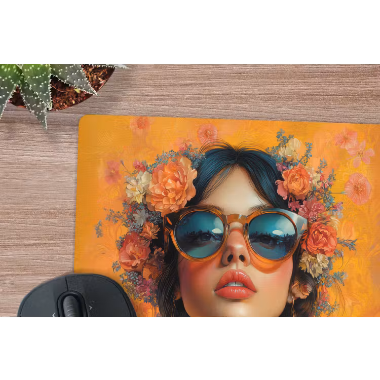Vrouw - Bloemen - Aesthetic - Oranje muismat rubber klein -closeup