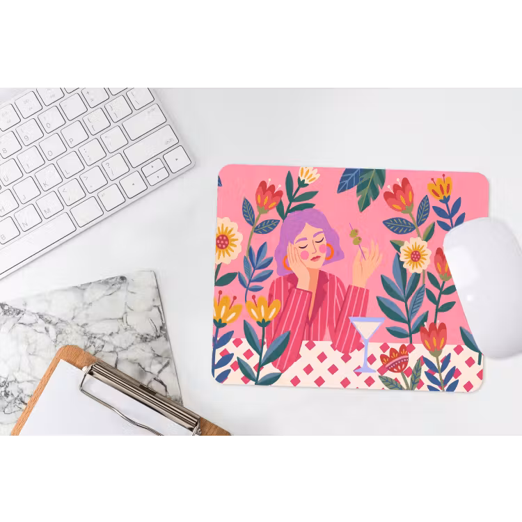 Vrouw - Cocktail - Bloemen - Modern - Roze muismat rubber klein -witbureau