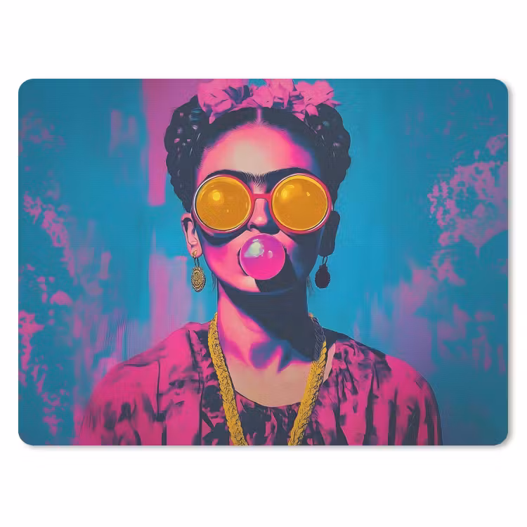 Vrouw - Kauwgom - Zonnebril - Oranje muismat rubber klein -3d