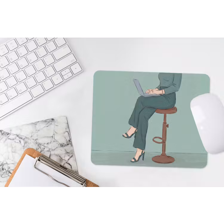 Vrouw - Laptop - Zittend - Illustratie - Groen muismat rubber klein -witbureau