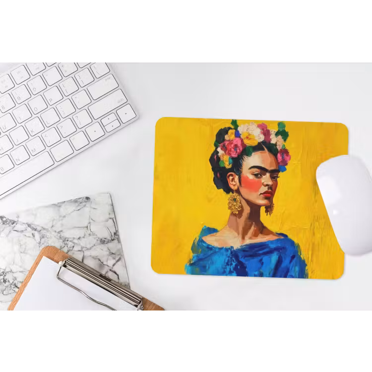 Frida Kahlo - Vrouw - Geel - Blauw - Bloemen muismat rubber klein -witbureau