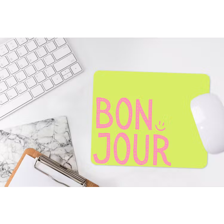Groen - Smiley - Bonjour - Roze muismat rubber klein -witbureau