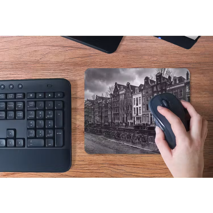 Huis - Gracht - Amsterdam - Architectuur - Zwart-wit muismat rubber klein -toetsenbord