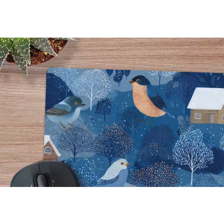 Huisjes - Vogels - Sneeuw - Winter - Blauw muismat rubber klein 262 -closeup