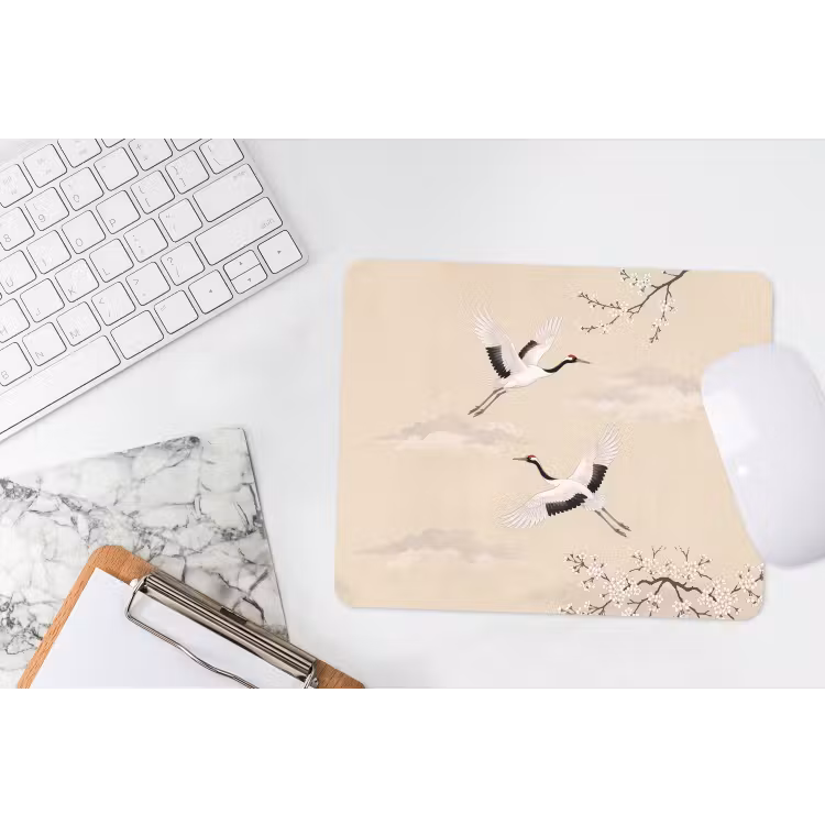 Kraanvogels - Bloesem - Beige muismat rubber klein -witbureau