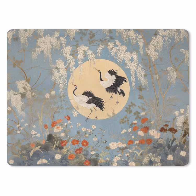 Kraanvogels - Maan - Bloemen - Blauw muismat rubber klein -3d