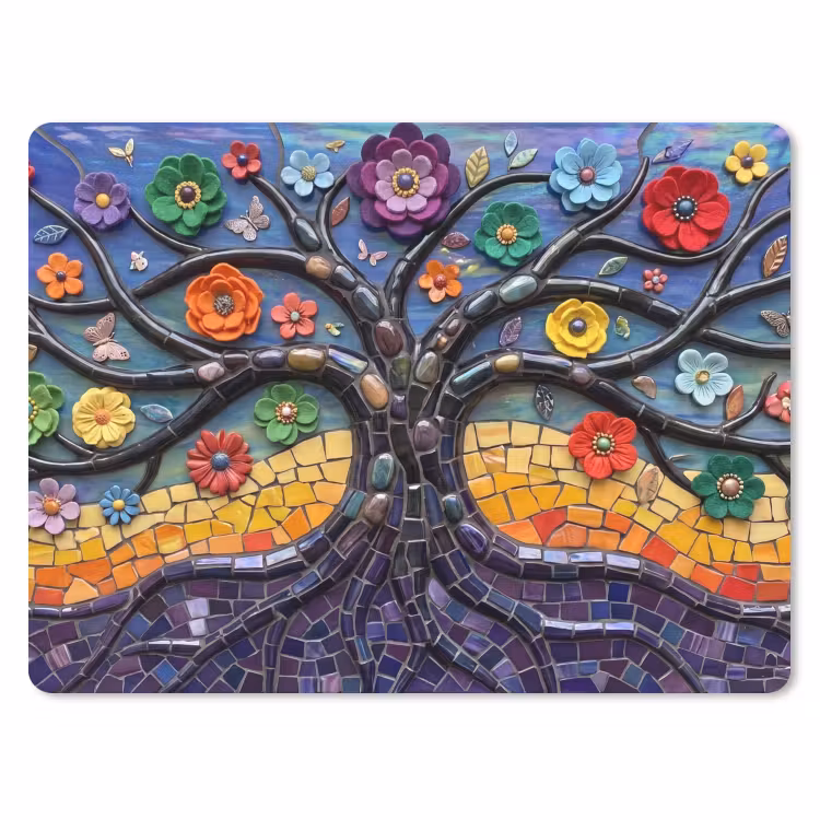 Levensboom - Mozaïek - Bloemen - Kleurrijk - Vrolijk muismat rubber klein -3d