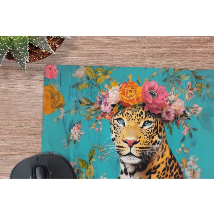 Luipaard - Bloemen - Kroon muismat rubber klein -closeup
