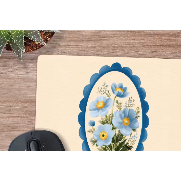 Lijst - Bloemen - Lichtblauw - Illustratie muismat rubber klein -closeup