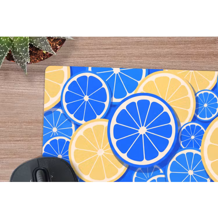 Fruit - Schijven - Patroon - Modern - Blauw - Geel muismat rubber klein -closeup