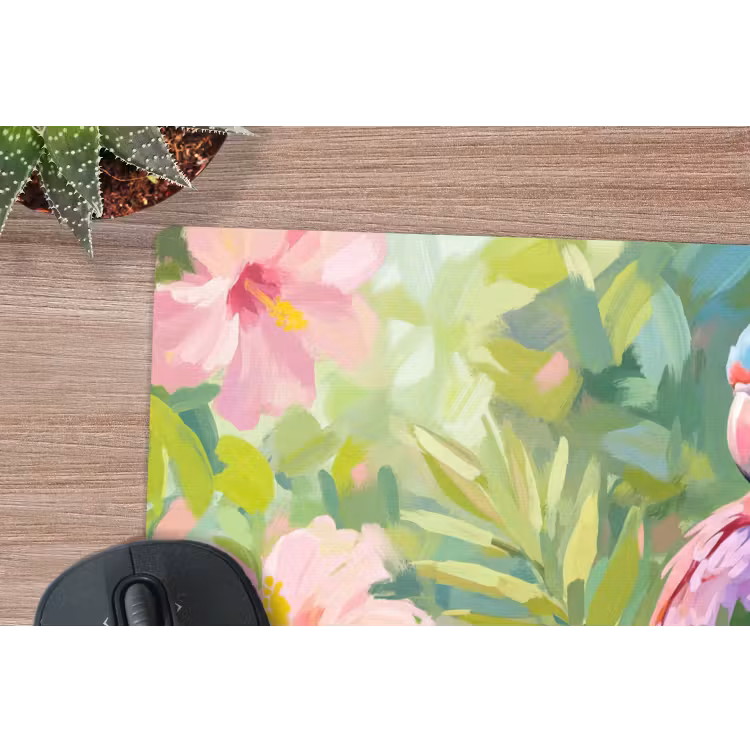 Papagaai - Hibiscusbloemen - Kleurrijk muismat rubber klein -closeup